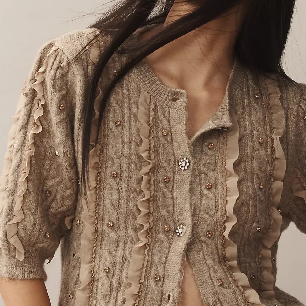 NWT MAEVE (XS) Short-Sleeve Embellished Ruffled Cardigan Sweater Taupe Stretch - Picture 5 of 14
